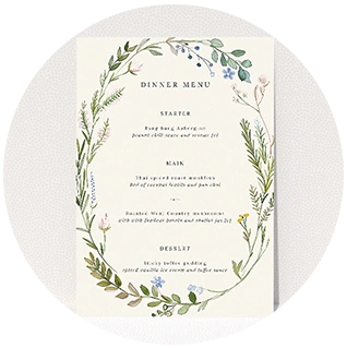 Rustic wedding menu card with hand-painted botanical wreath