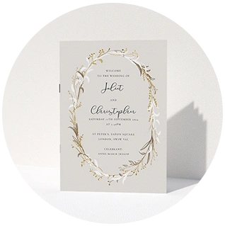 Gold wedding order of service with delicate foil-effect wreath