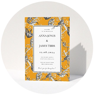 Modern wedding order of service with vibrant monkey-themed design