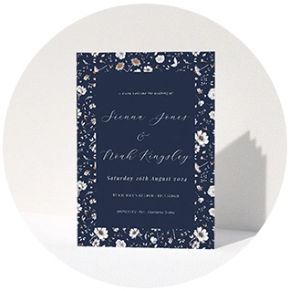 Navy blue wedding order of service with floral patterned border