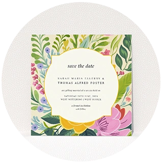 Floral wedding save the date card with vibrant botanical illustration