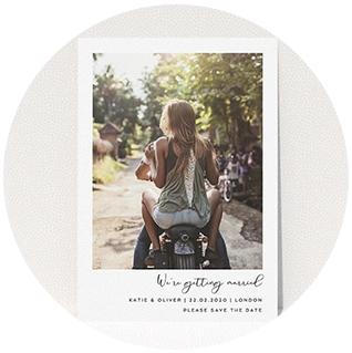 Photo wedding save the date card featuring romantic couple photograph