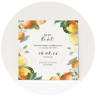 Rustic watercolor orange wedding save the date card with citrus motif