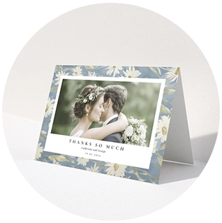 Blue floral wedding thank you card with photo frame and daisy pattern