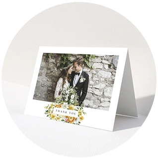 Botanical floral wedding thank you card with photo and colourful border