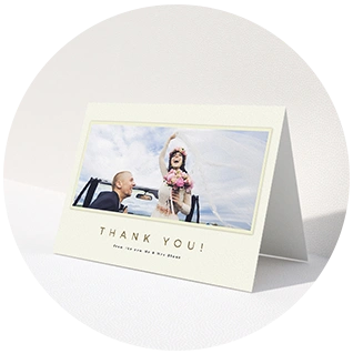 Gold trim wedding thank you card with photo window and classic typography