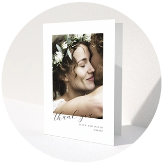 Minimalist portrait wedding thank you card with full bleed photo and simple text