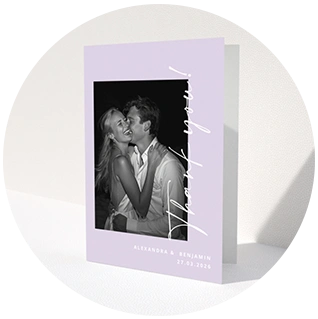 Modern lavender wedding thank you card with vertical couple photo and handwritten script