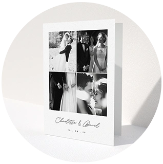 Photo grid wedding thank you card with five bride and groom images and simple minimal text