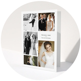 Photo collage wedding thank you card featuring four black and white images and elegant script names
