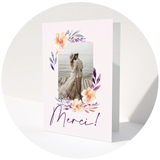 Pink floral wedding thank you card with watercolour flower frame and Merci calligraphy